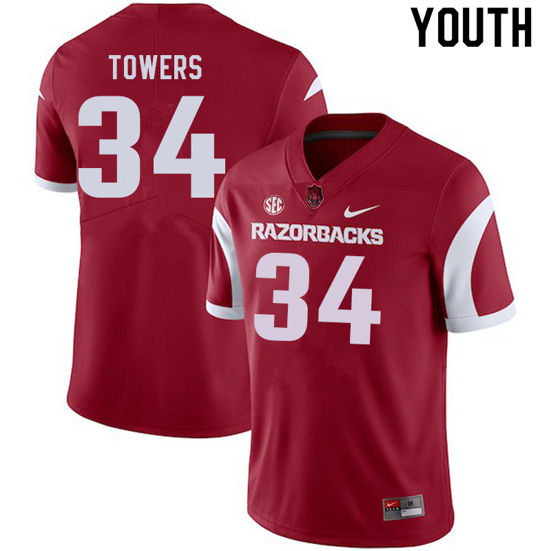 Youth #34 J.T. Towers Arkansas Razorbacks College Football Jerseys Sale-Cardinal - Click Image to Close